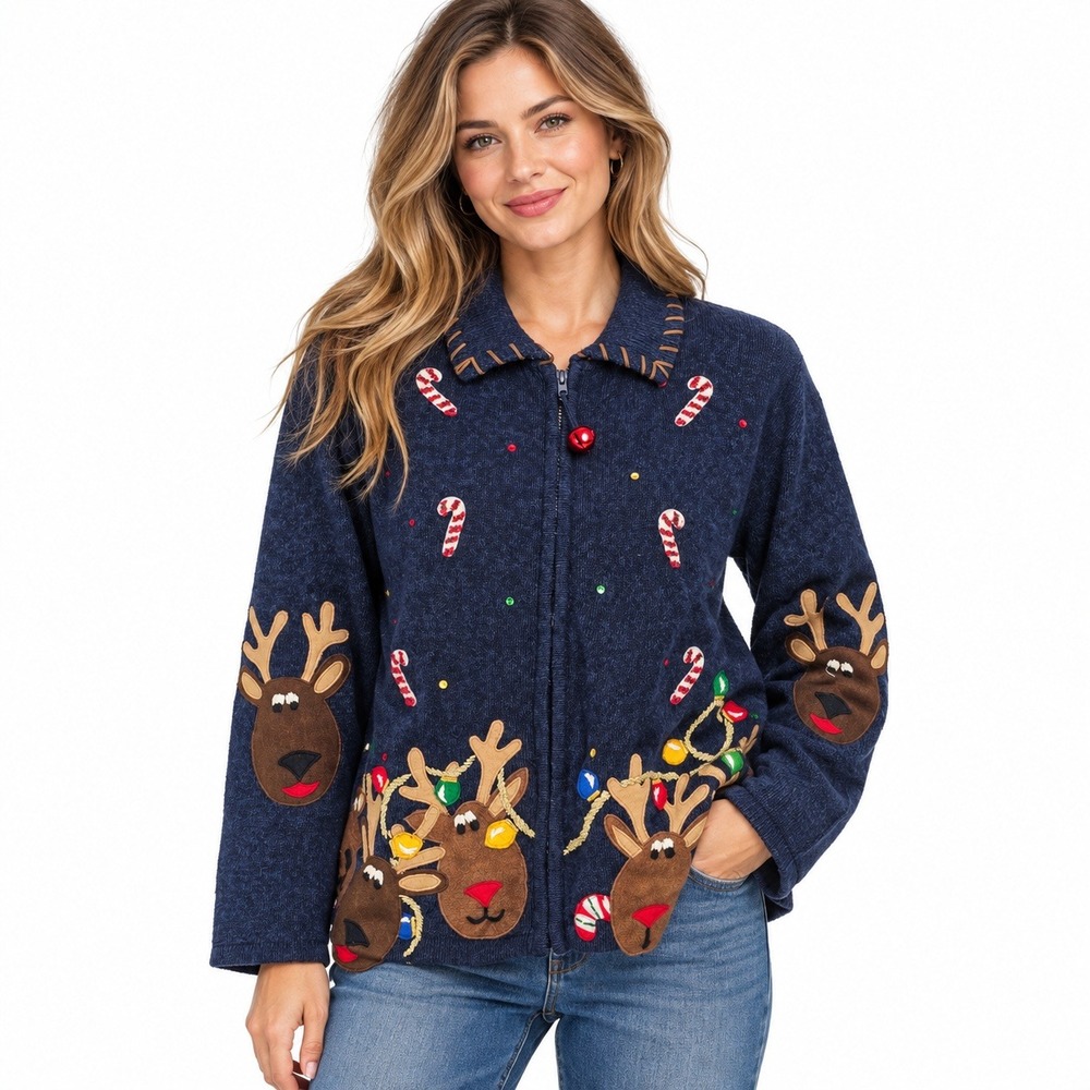 Vintage Tiara International Christmas Reindeer Sweater L Blue Cottagecore Kitsch